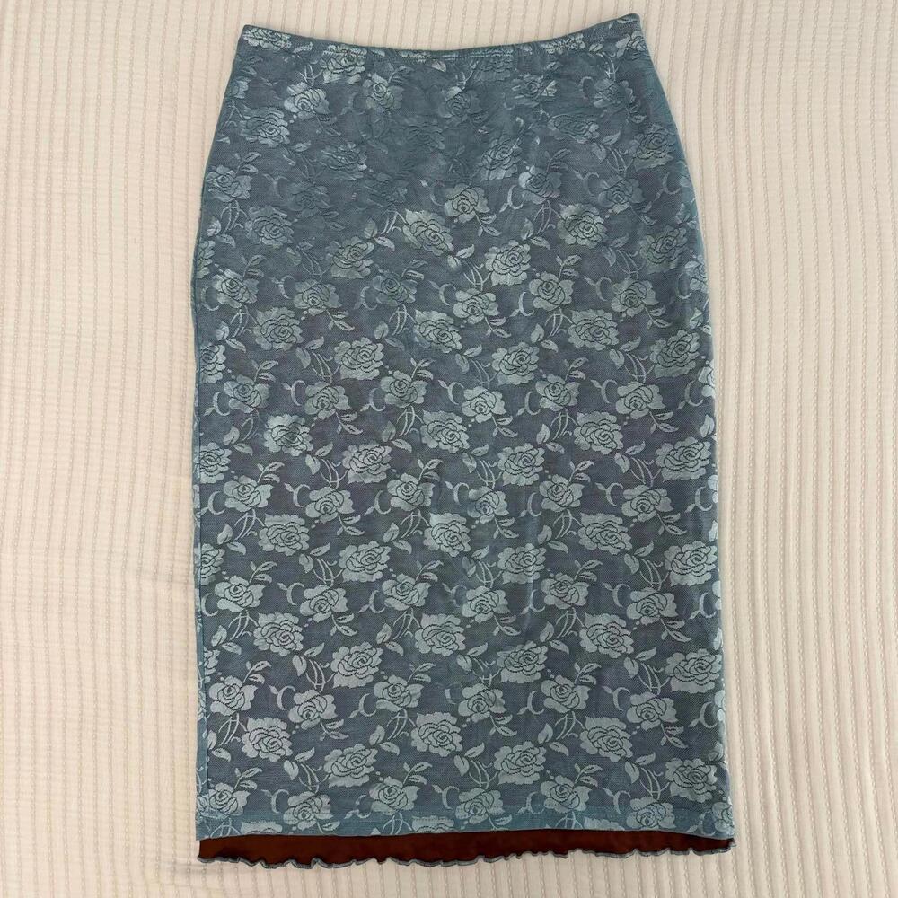 NWT CIDER Blue Floral Lace Overlay Midi Lined Skirt Lettuce Hem Size M